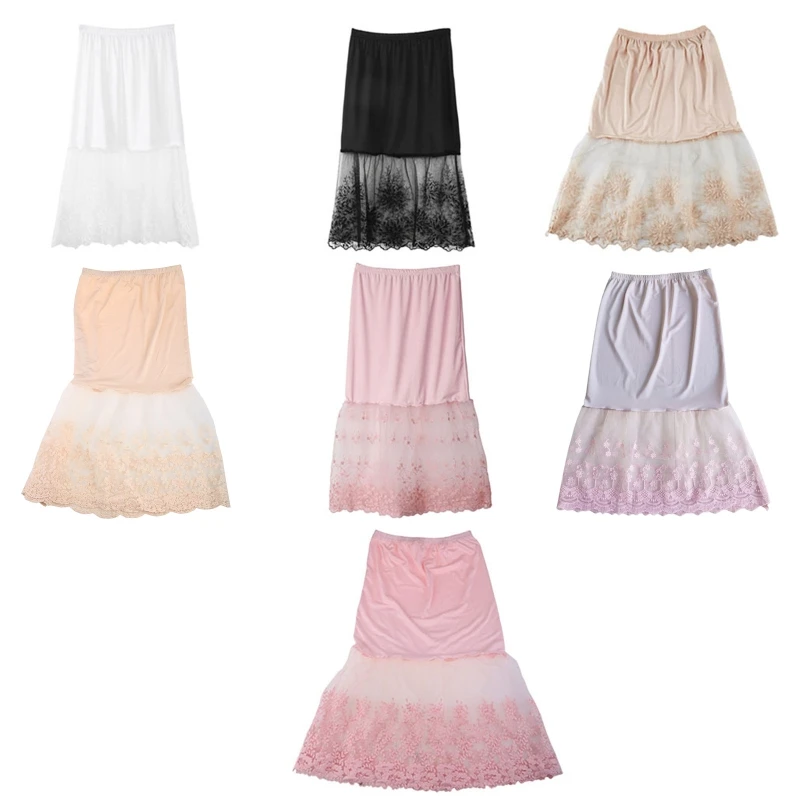Net Yarn Stitching Fishtail with a Bottom Skirt,Lace Half Slip Skirts Extender Elastic Waist A-line Hollow Petticoat Underskirt