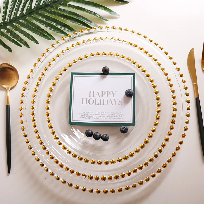 

Creative gold Rim glass plates Clear Round Plates With Beaded Rim For Birthday Party Wedding Shower Dinner Decoration