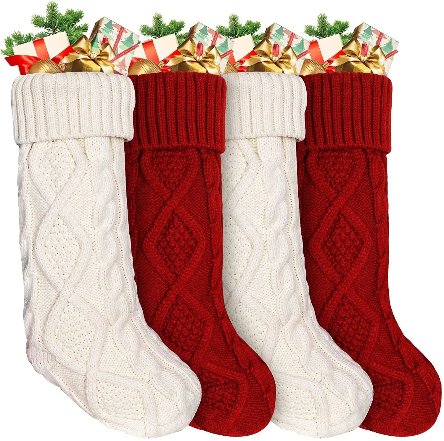 

4pcs 18" Large Christmas Stockings Double-Sided Cable Knitted Xmas Stockings Burgundy for Family Holiday Christmas Party Decor