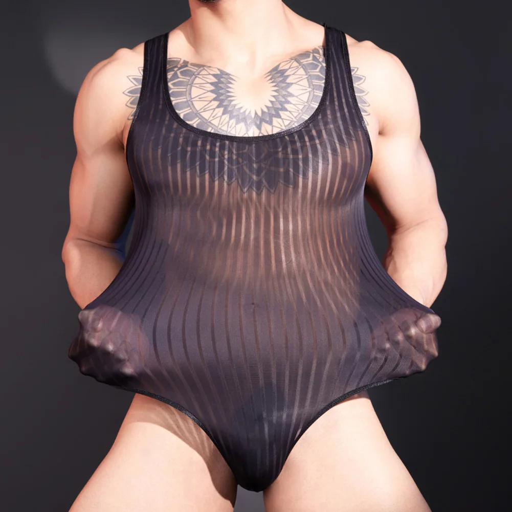 Mens Striped See Through Sleeveless Sexy Adult Costume Underwear Breathable Bodysuit Erotic Lingeries Sexy Hot Pajamas Jumpsuit