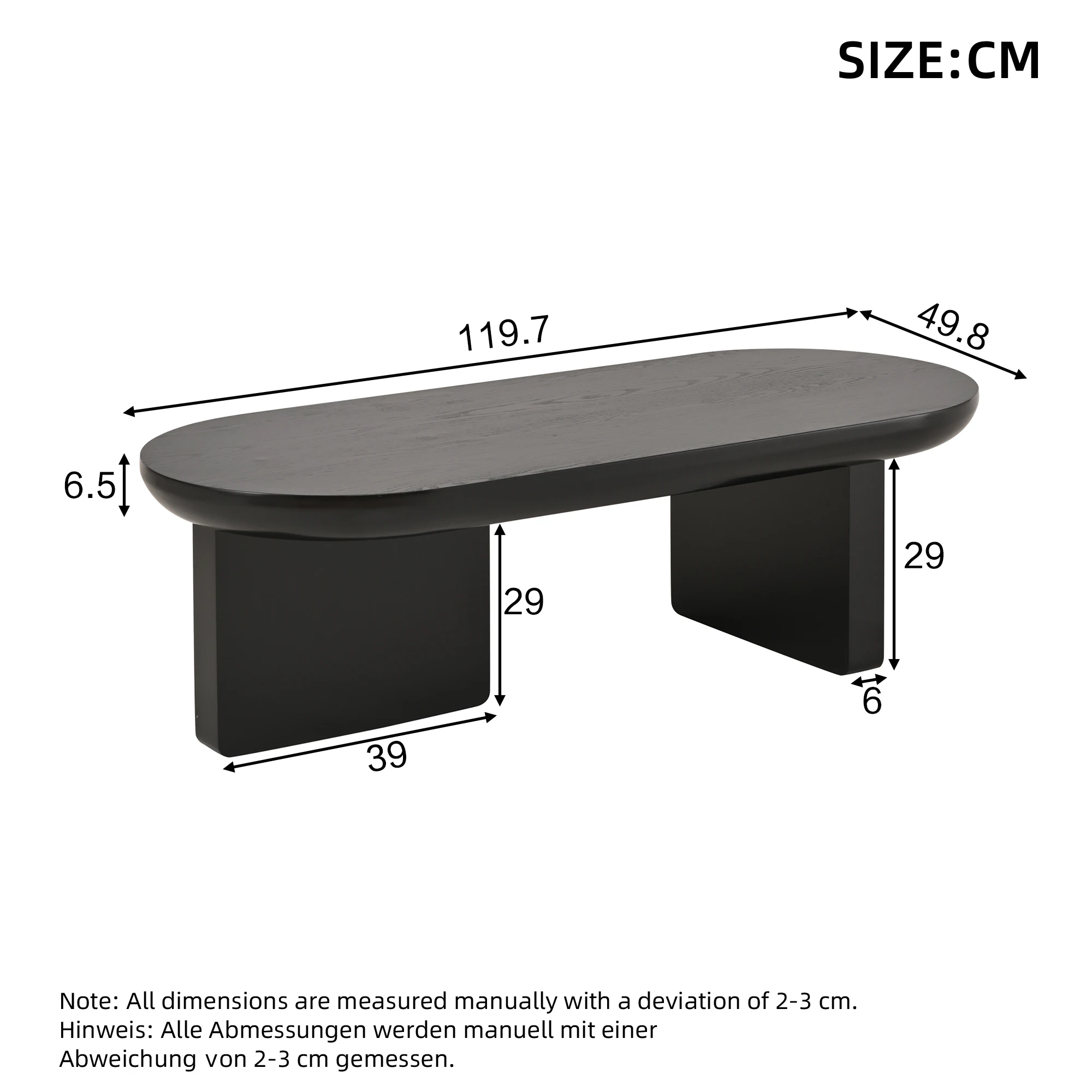 Moderner ovaler Couchtisch(119,7x49,8x35,5 cm)aus MDF in Schwarz–minimalistisch,sprühlackiert,ideal als Sofa-oder Beistelltisch – Detail 1