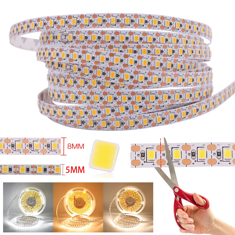 5mm 8mm PCB 2835 LED Strip Light 24V 1 LED Cut Super Bright 120LEDs/m Flexible LED Tape White/Warm White/Natural White 10M/lot dc12v 24v led strip 5050 120leds m 5m 600led super bright 5050 led flexible strip light rgb white whitewarm 4000k nw waterproof