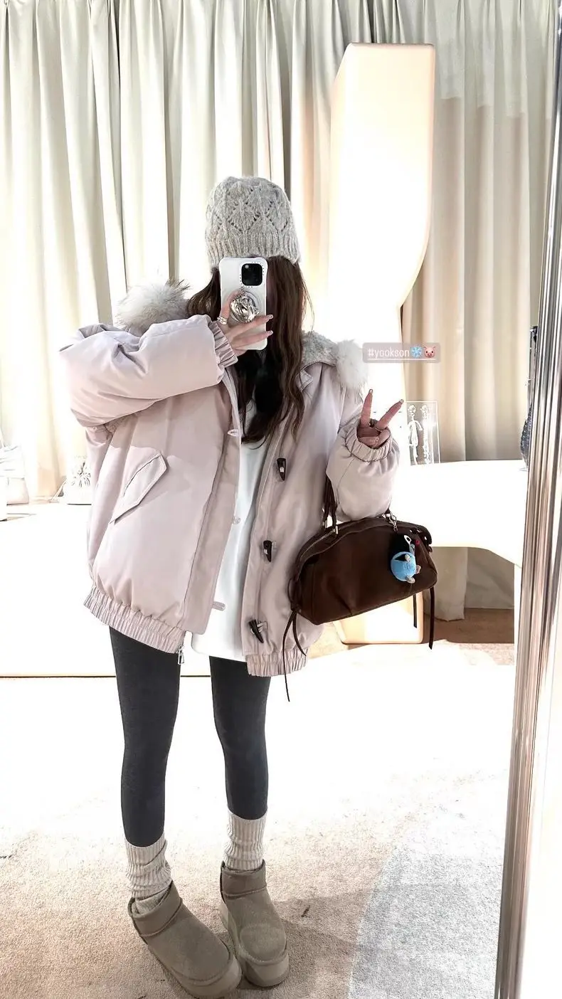 YYAHAHAS 2025 Winter New Cow Horn Button Thick Cotton Coat Retro American Warm Fur Collar Hooded Jacket Female Clothing