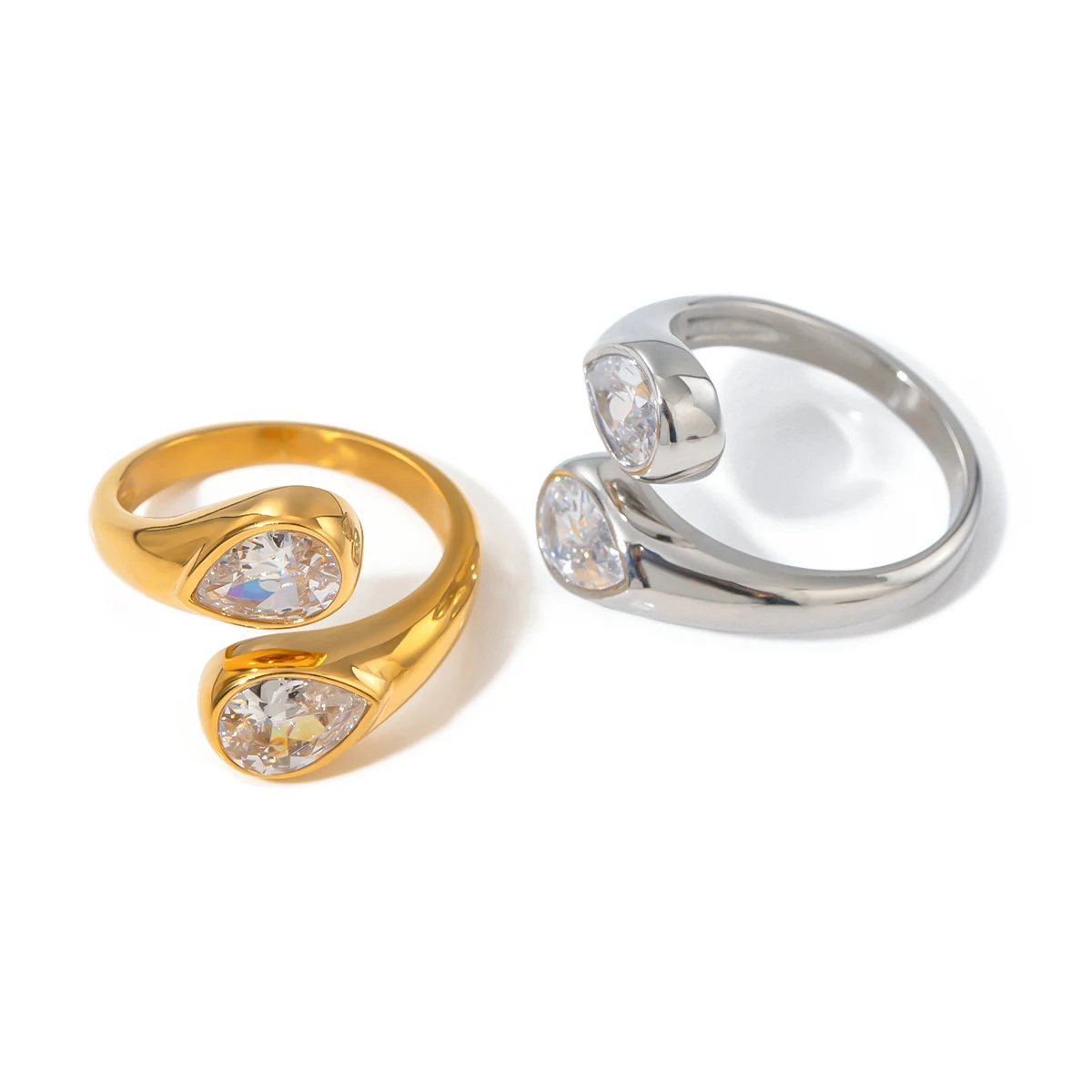 Shiny Teardrop Zirconia Inlaid Metal Asymmetric Opening Ring Stainless Steel Chic Luxury Wedding Jewelry Waterproof