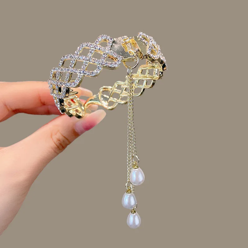 New Girls Elegant Luxury Pearl Rhinestone Tassel High Ponytail Clip Hairpin Headband Fashion Hair Accessories Headdress Decorate new sunglasses frame shape plastic hairband for women elegant solid headband hair decorate hair hoop fashion hair accessories