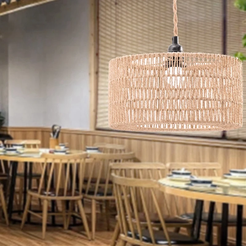 AB46-Paper Rope Lampshade Ceiling Light Shade Boho Chandelier Shade Bulb Guard For Restaurant Cafe Living Room