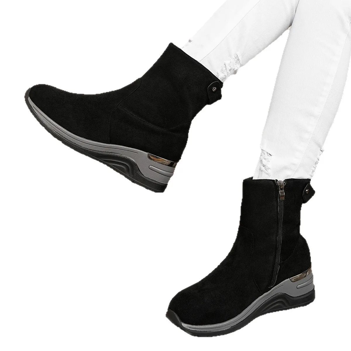 2025 Autumn New Suede Wedge Ankle Boots for Women Side-zipper Boots Women Slimming Thick-soled Plum-size Fashion Boots 43