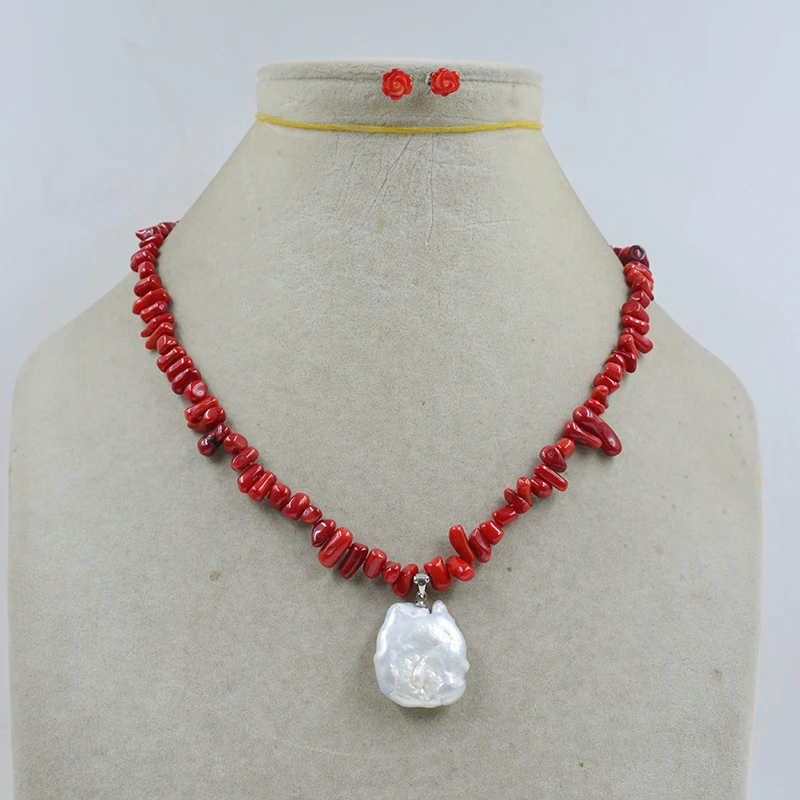 

Natural irregular red coral necklace. huge Baroque pearl pendant. Handcarved Coral Earrings for Women's Set Jewelry