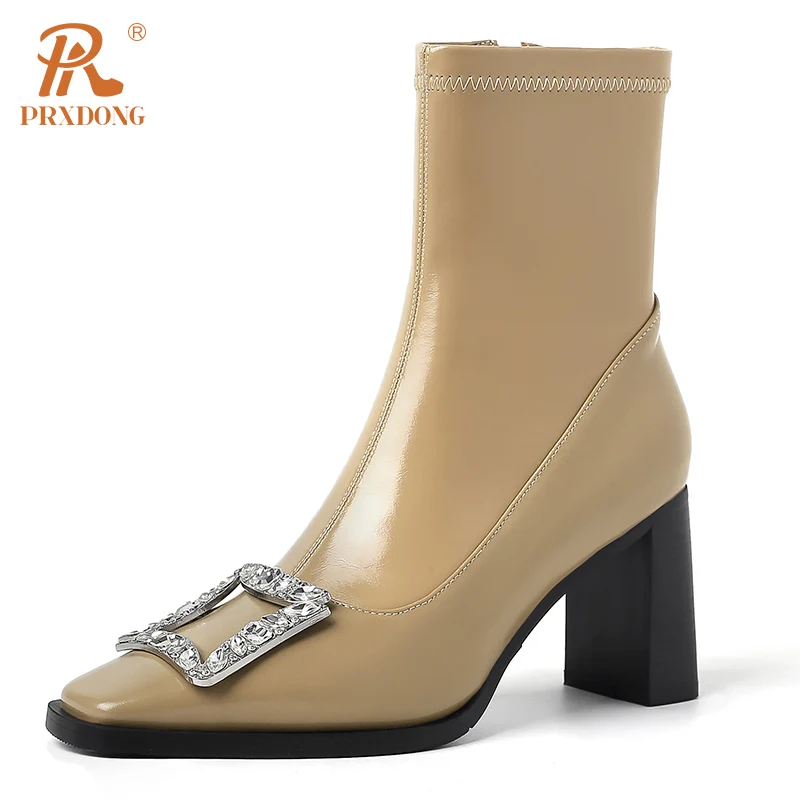 

PRXDONG 2023 New Fashion Autumn Winter Warm Ankle Boots CHunky High Heels Square Toe Black Apricot Buckle Dress Party Work Shoes