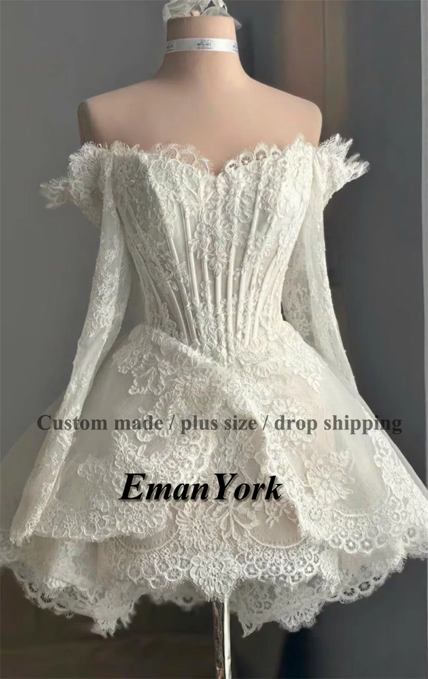 EmanY Delicate Short Wedding Dresses for Women with Appliques Off the Shoulder A-line Lace up Vestidos Novias Boda Customized