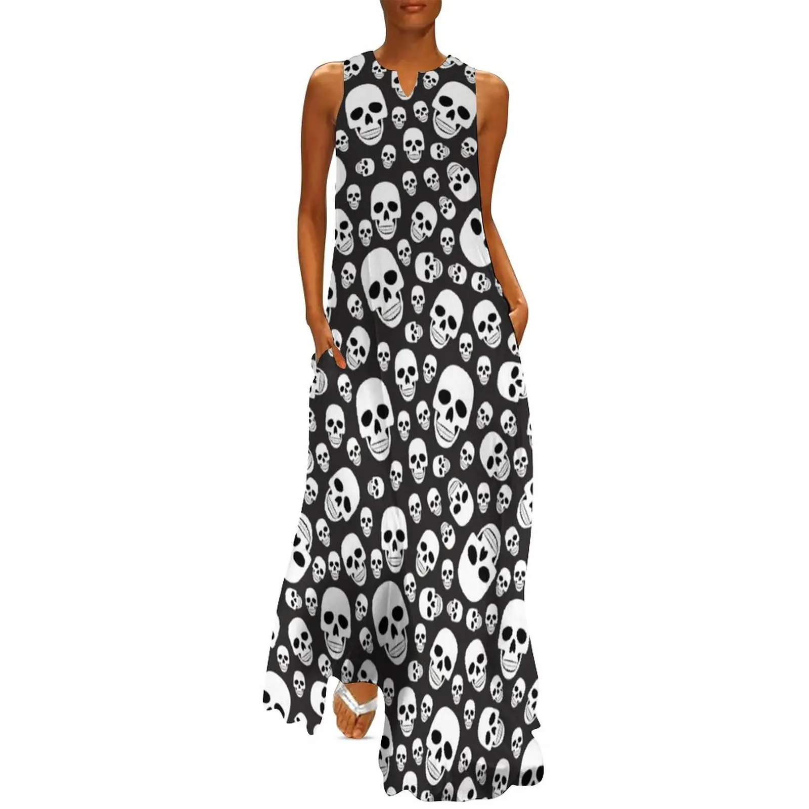 

Halloween Dress Cool Skull Print Vintage Maxi Dress Street Wear Casual Long Dresses Summer V Neck Pattern Clothes 3XL 4XL 5XL