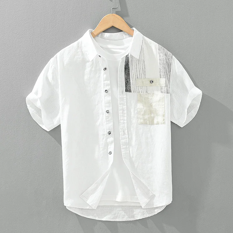 Linen Short Sleeve Shirts for Men Summer New Fashion Casual Loose Digital Printing Shirts
