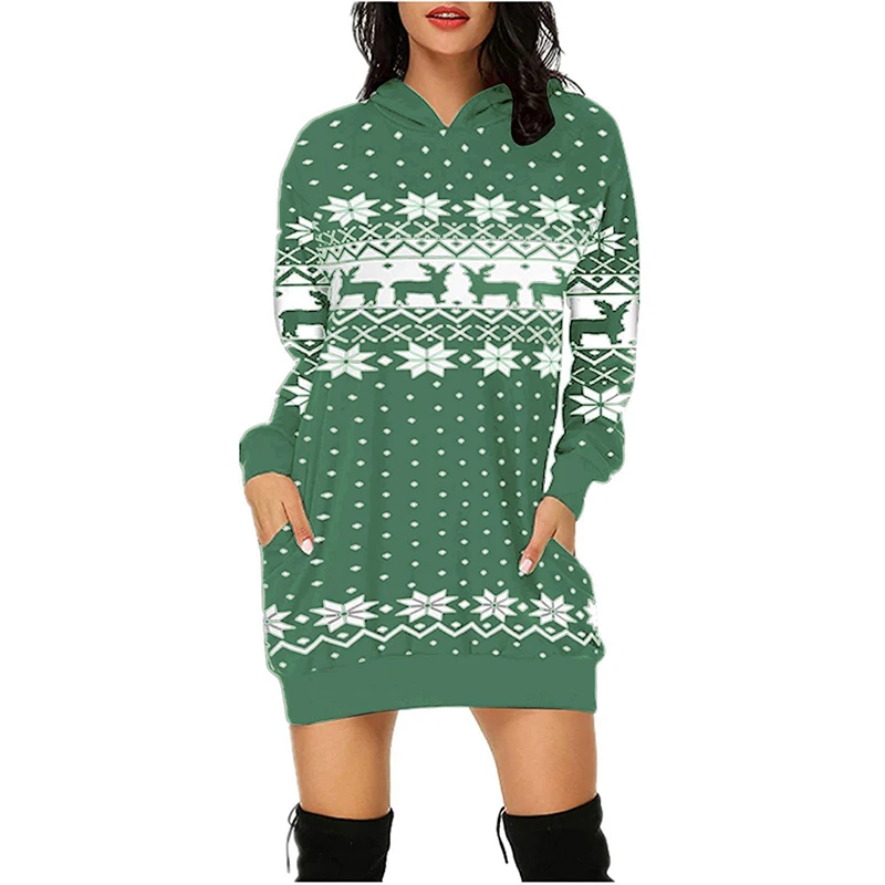 White Snow Print Pockets Sweatshirts Women Autumn Winter Long Hoodies New Casual Black Christmas Roupas Feminias Black Green Red
