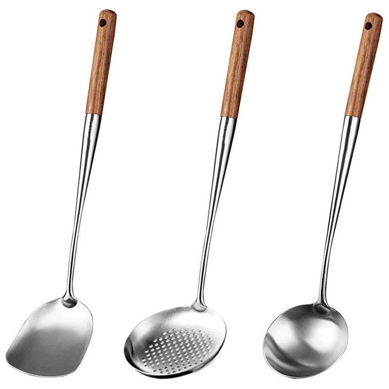 Hot XD-Wok Spatula and Ladle,Skimmer Ladle Tool Set, 17Inches Spatula for Wok, 304 Stainless Steel Wok