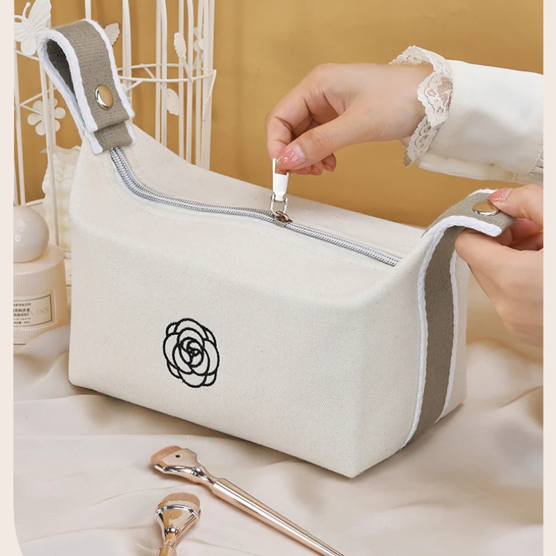 Premium Handheld Portable Camellia Canvas Makeup Bag for Travel Large Capacity Toiletries Cosmetics Skincare Storage Bag 6
