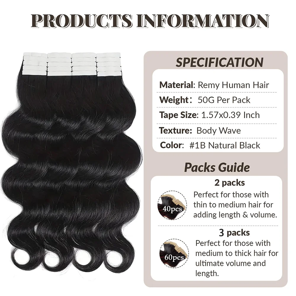 Tape in Hair Extensions Human Hair Body Wave Brazilian Natural Human Extensions Invisible Seamless Natural Black Tape ins