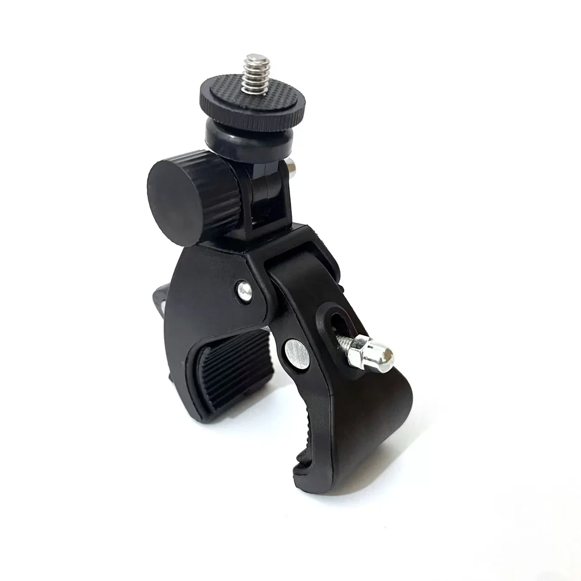 Support universel pour caméra action avec rotation 360° et fixation barre 43mm, installé sur guidon de vélo.