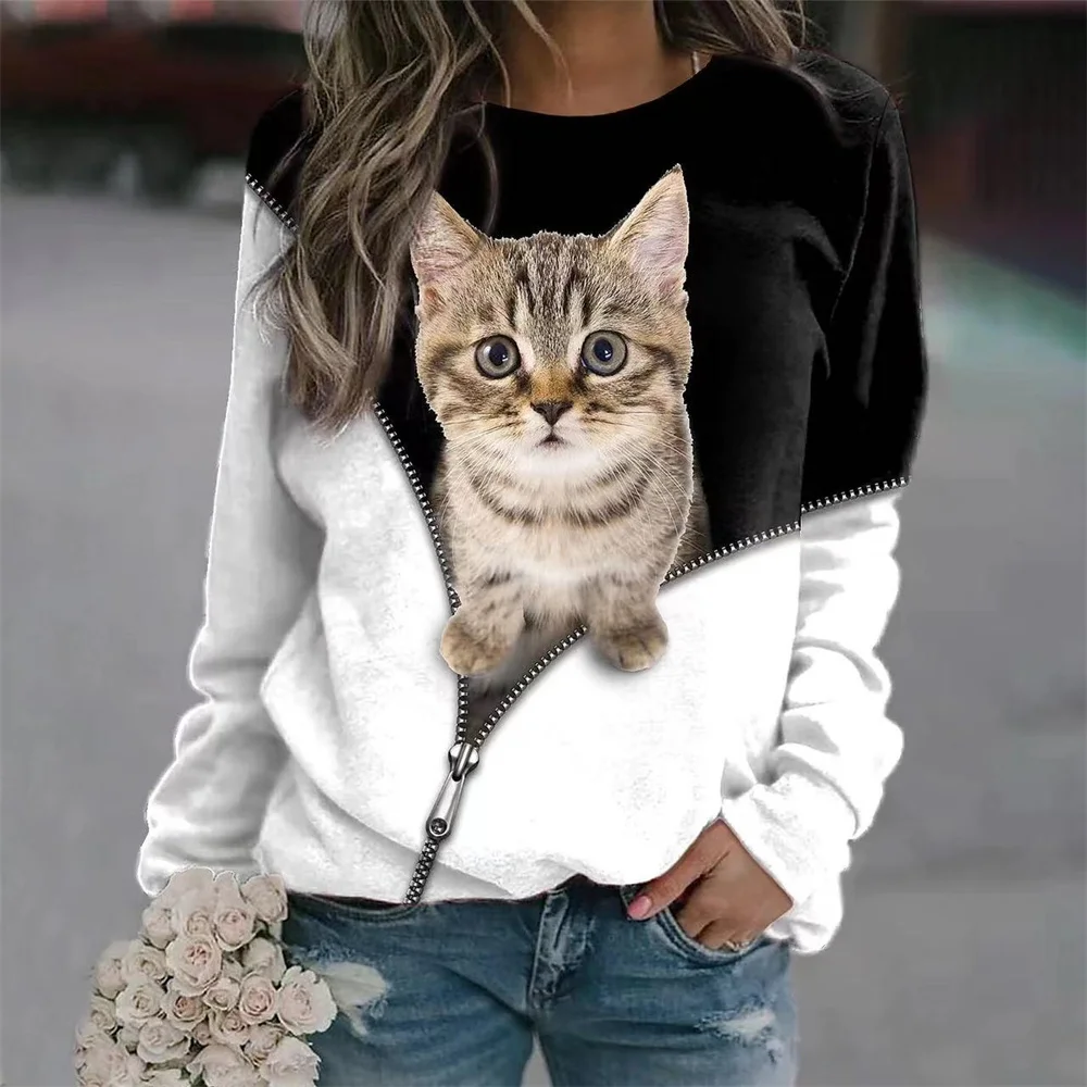 2023WomenSTShirtsCottonPulloverLongSleevefemaleCatGraphic3d