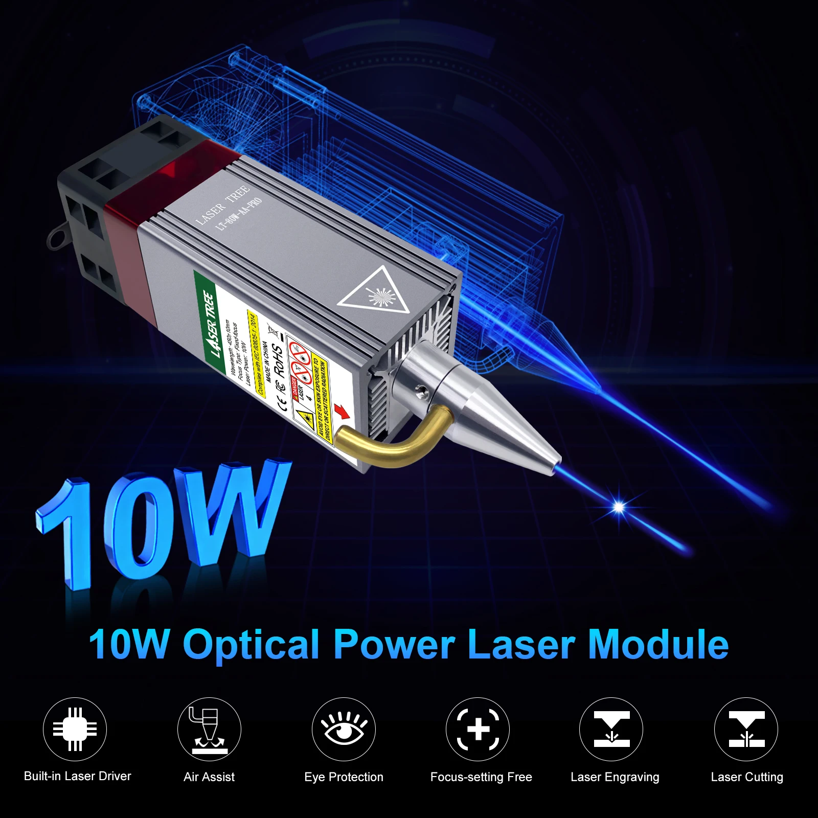 LASER TREE Laser Module 10W Optical Power with Air Assist Laser Head 450nm TTL Blue Light for Engraver Cutting Wood Tools