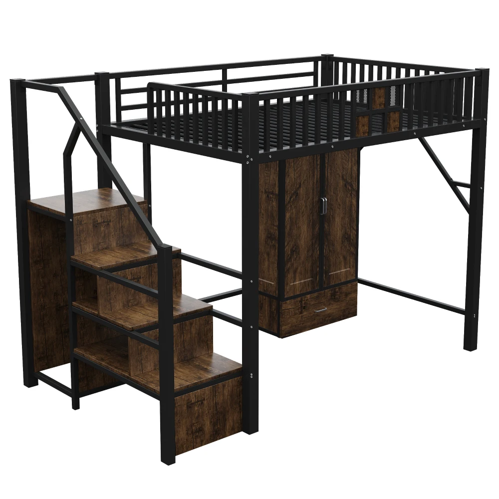 Hochbett aus Metall mit auffälligem Geländer-Design aus Holz und Metallgitter mit großen Kleiderschrankschubladen und Aufbewahrungsleiter – Detail 12