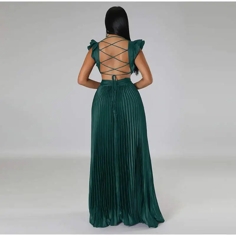 Women Solid Backless Elegant Long Dresses V-neck Pleated A-line Sexy Frock 2023 Spring Summer Evening Party Casual Style Dress