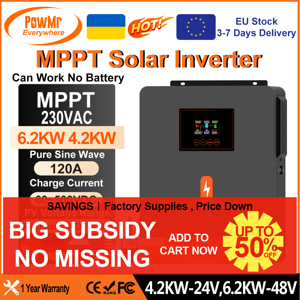  PowMr 6.2KW 4.2KW MPPT Solar Inverter With 120A Solar Charge Controller All in One 230V Dual AC Output PV 60~500VDC Support WIFI 