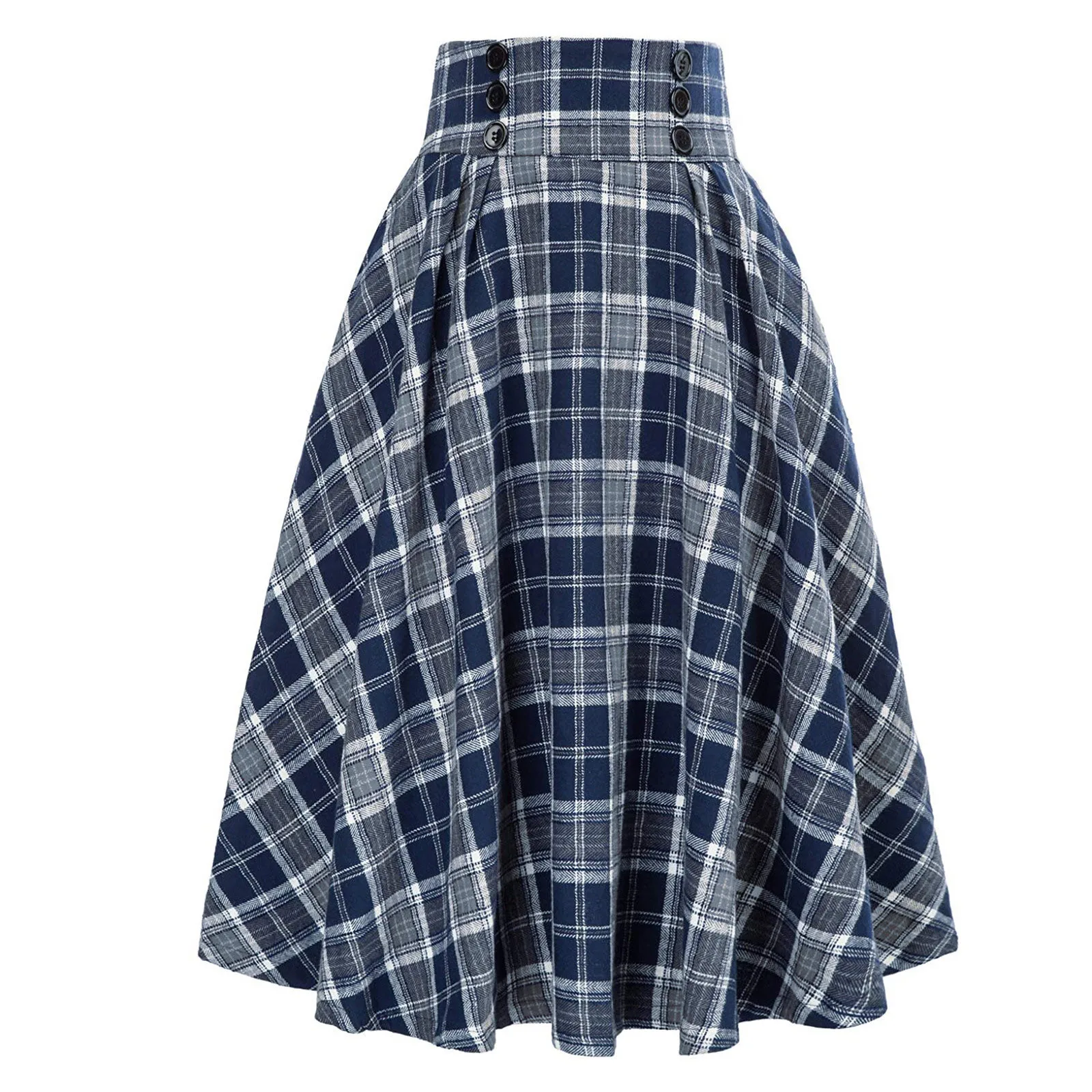 Women Vintage Pleated Plaid Skirt Elegant Ladies High Waist Button Casual Wrap Midi Skirt Autumn Winter Plus Size Preppy Skirts 1