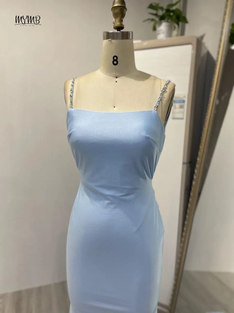 MYMB Blue Elegant Spaghetti Straps Mermaid Satin Girl Princess Dress Pleated Backless Evening Gowns for Wedding Party MC20028 3