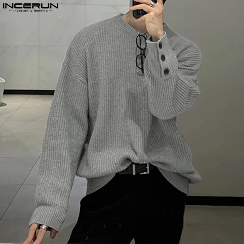 

INCERUN Tops 2023 Korean Style New Mens Solid Knitted All-match Loose Sweater Fashion Cuffs Button Design Pullover Sweater S-5XL