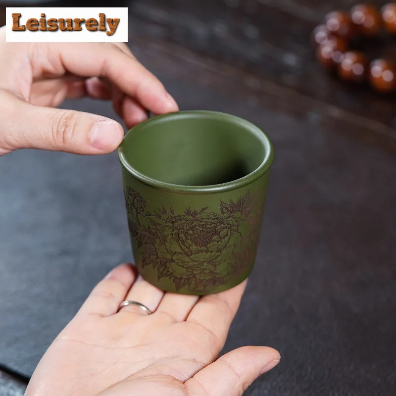 160ml Yixing Zisha Green Clay Peony Bamboo Teacup Boutique Tea Bowl Cute Cup Tea-tasting Fragrance Cup Chazhan Master Cups Cafes