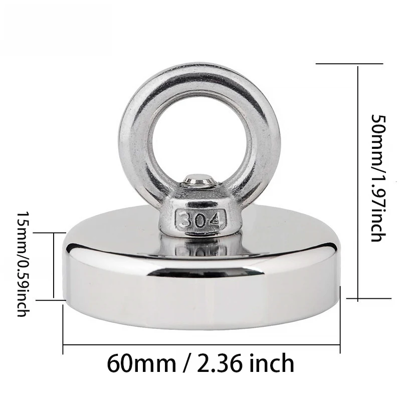 Strong Fishing Magnets, 500 LBS(227 KG) Pulling Force Rare Earth Magnet with Countersunk Hole Eyebolt Diameter 2.36 INCH(60mm)