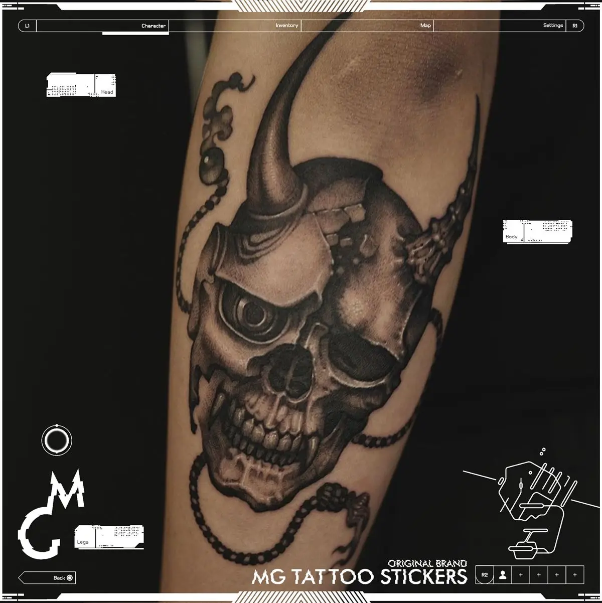 12*19 Cm Japanese Style Dark Prajna Skull Pattern Flower Arm Tattoo Stickers for Men and Women |
