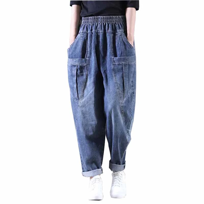 cargo pants for women 2022 Spring Fall Women's Loose Elastic Waist Jeans Vintage Multi-Pocket Washed Harem Pants High Waist Denim Casual Trousers JH89 versace jeans couture