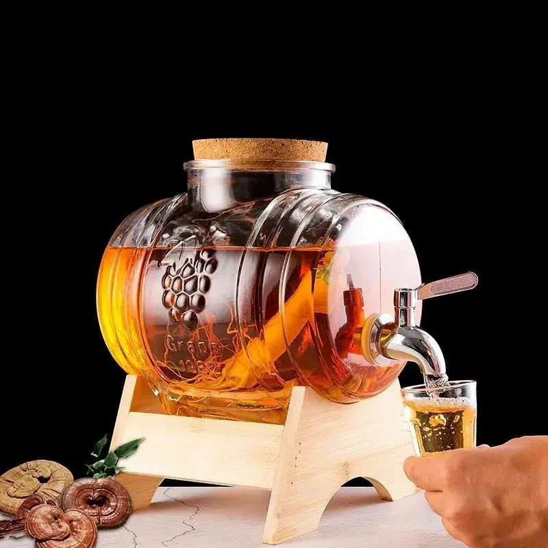 Glass Barrel Stable with Wooden Stand Beer Dispenser Commercial Cold Drink Dispenser with Spigot for Pub Home Kitchen Bar Pub