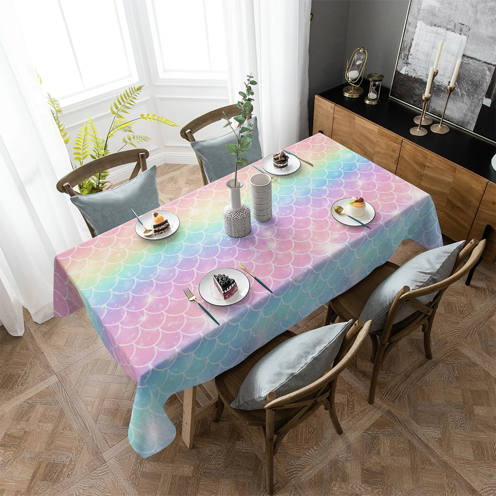 

Mermaid Scales Ocean Rainbow Rectangle Tablecloth Party Decor Waterproof Dining Table Round Tablecloths Kitchen Home Decoration