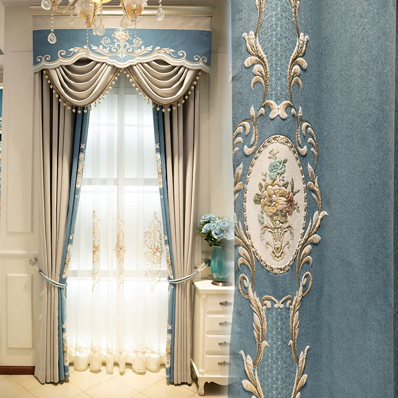 

Custom curtain European palace chenille embroidered beige stitching blue cloth blackout curtain tulle valance drape C1056