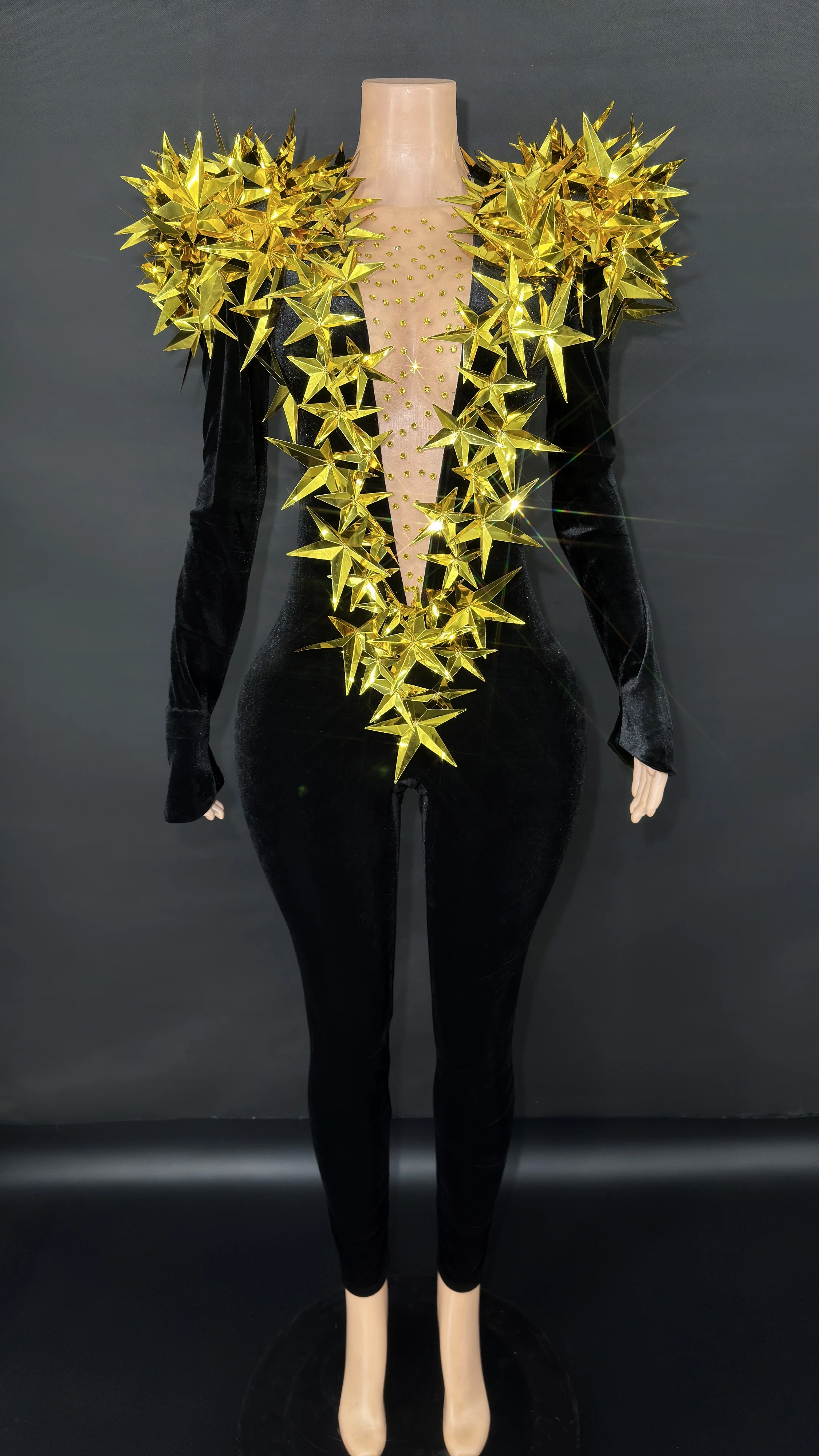 Shiny Black Rhinestone Velvet Long Sleeve Bodysuit Women Evening Party Club Gala Hosts NightClub Bar Stage Costumes