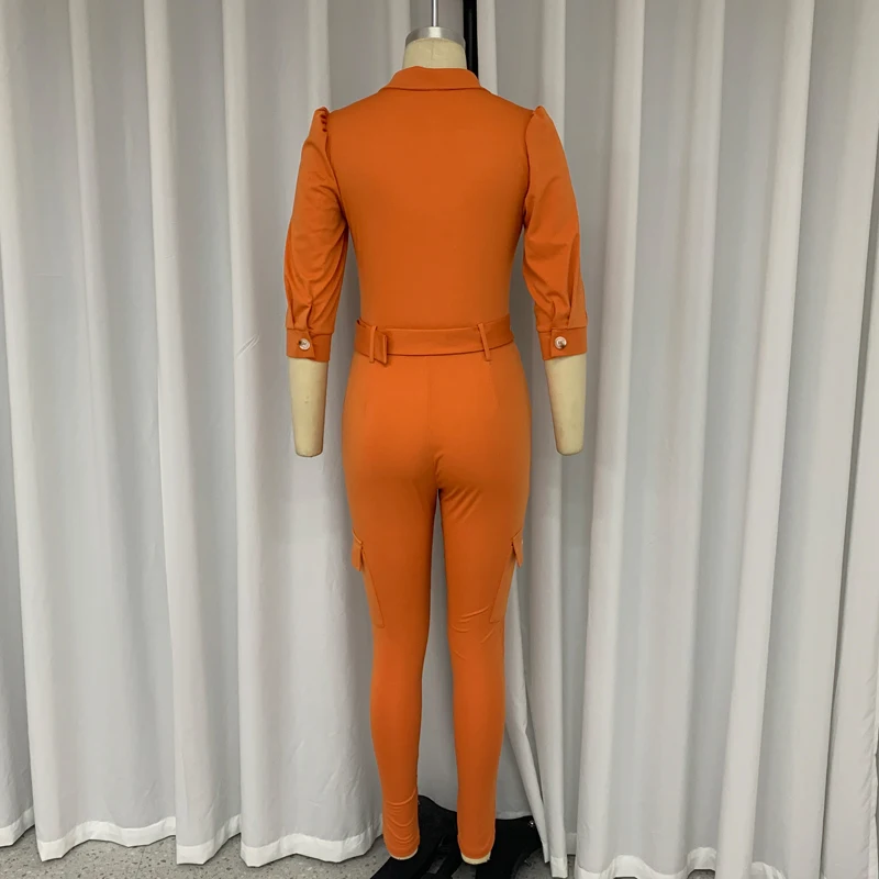 LIYONG-Mono de oficina para mujer, Pelele de media manga con solapa, mono ajustado de Color sólido, ropa de calle alta con cinturón y bolsillo, otoño