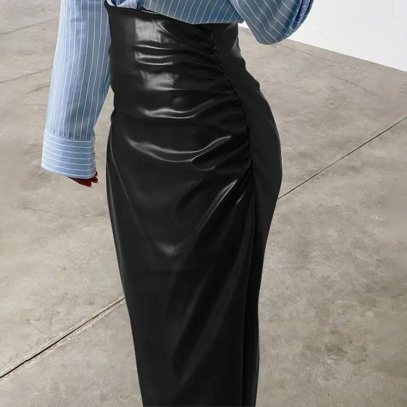 Women PU Leather High Waist Midi Skirts Fashion Long