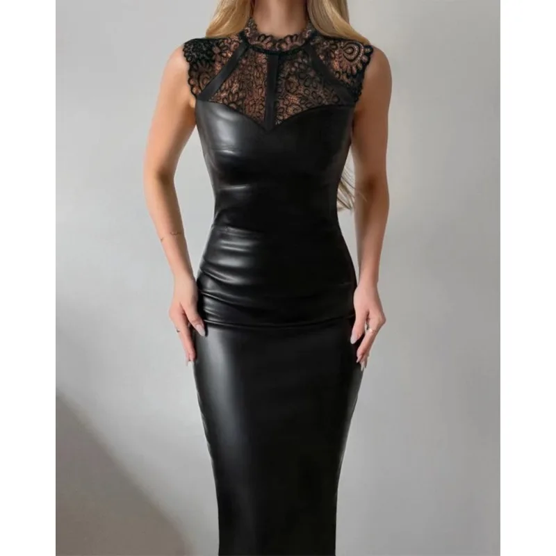 

2024 Autumn Winter New Women's Solid Color Lace Leather Skirt Sexy Slimming Beam Waist Evening Dress Long Dress