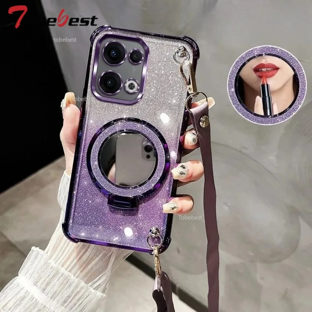 Elegant Crossbody Lanyard Shockproof Plating Case with Mirror and Makeup Holder Cover