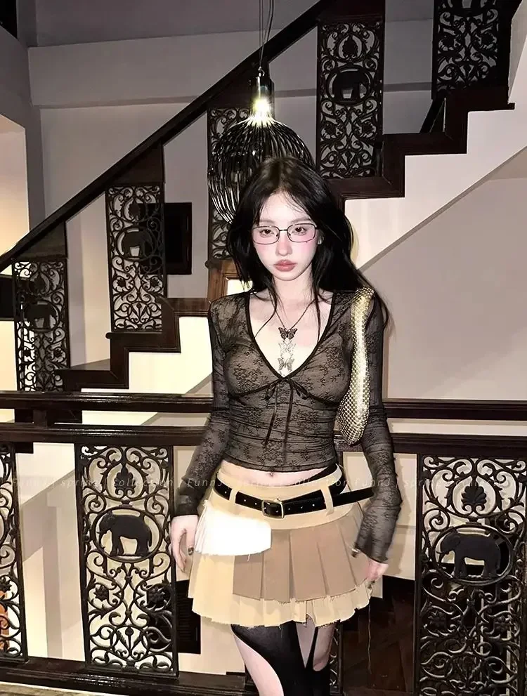 Korean Fashion Crop Top y2k Aesthetic Sweet Lace Patchwork Long Sleeve T Shirt with Bow 2000s Women Clothes Streetwear