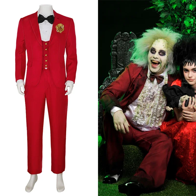 

Men Rocker Red Zombie Outfits Halloween Costume Adult Beetlejuice Wedding Suit Costume