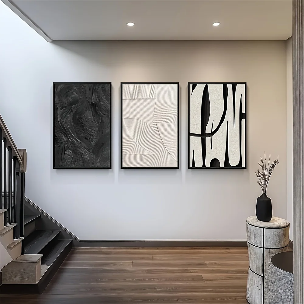 3-Piece Set, White Abstract Canvas Wall Art Set, Modern Minimalist Black - Frameless Texture Painting for Living Room, Bedroom, - 3