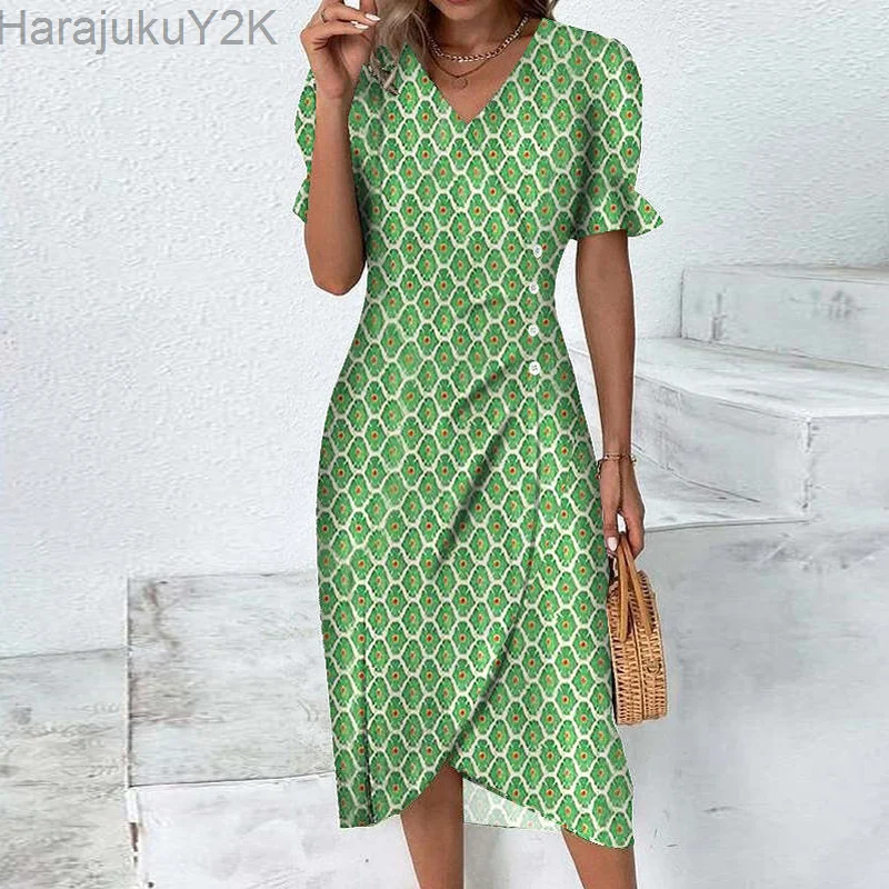 

Vintage Office Slim Boho Dresses Elegant Floral Print Puff Sleeve Party Dress Ladies V-neck Button Draped Irregular A-line Dress