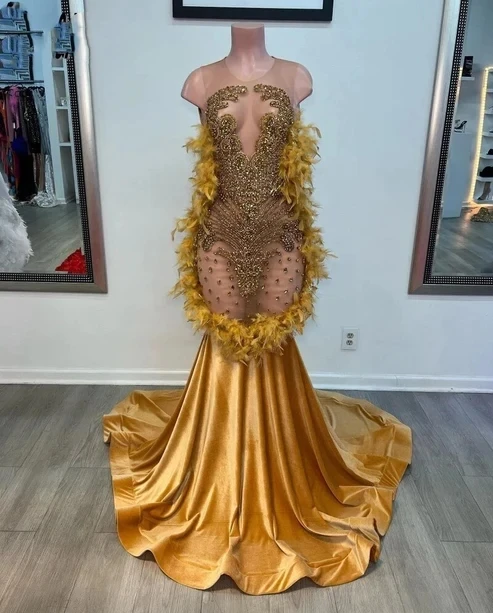 

Gold Sheer Women Long Black Girls Prom Dresses Sexy Diamond Mermaid Luxury Feather Prom Gowns Evening Gala Party