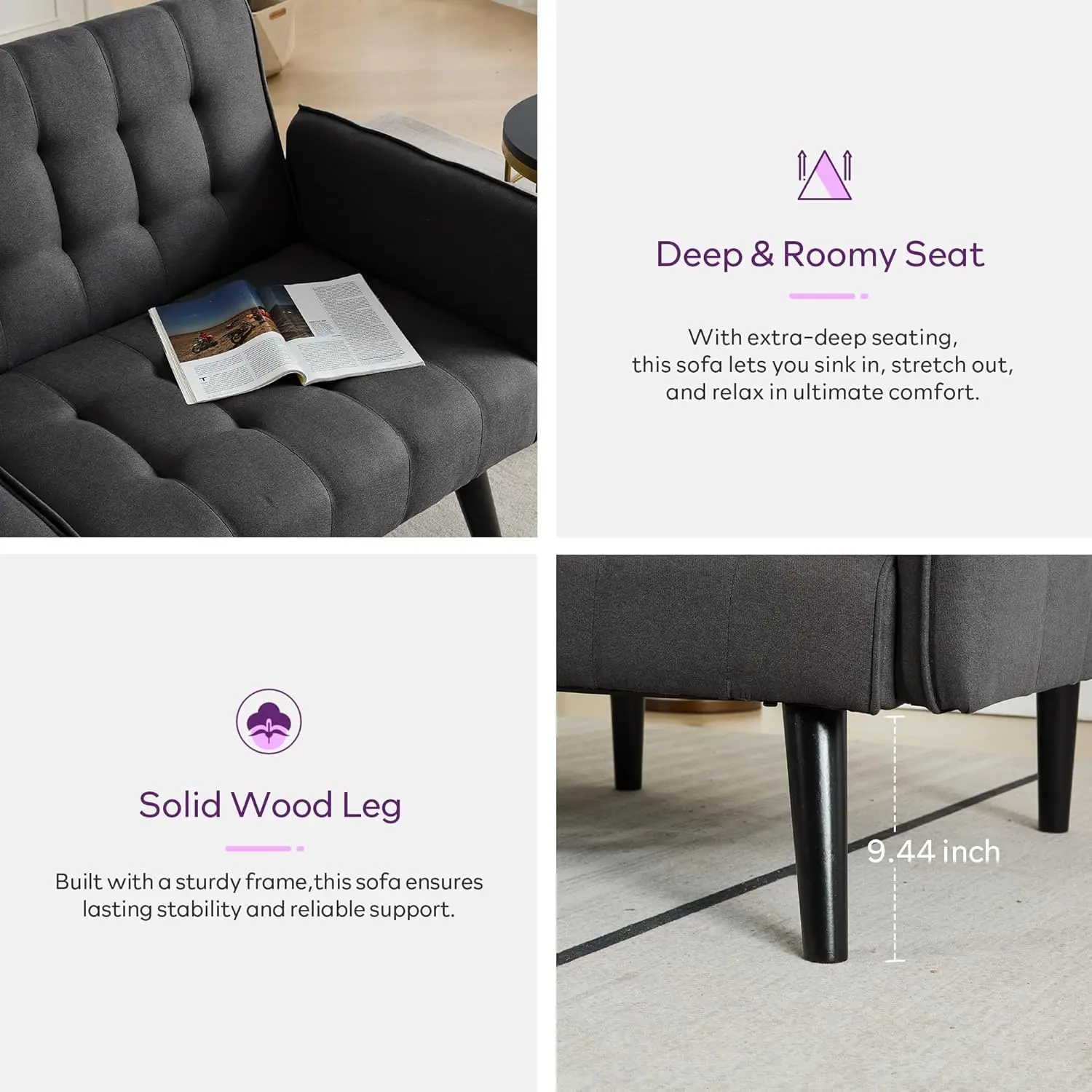 65“ Convertible Futon Sofa Bed w/ 2 USB, Upholstered Tufted Small Adjustable Folding Couch Loveseat, Modern Mid Century Sleeper