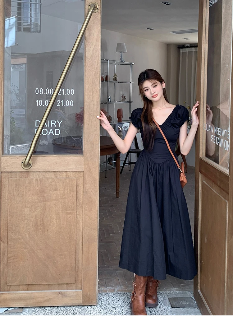 Casual Solid Midi Dresses for Women Korean Chic V-neck Backless High Waist Puff Sleeve A-line Party Dress Summer Vestidos Mujer