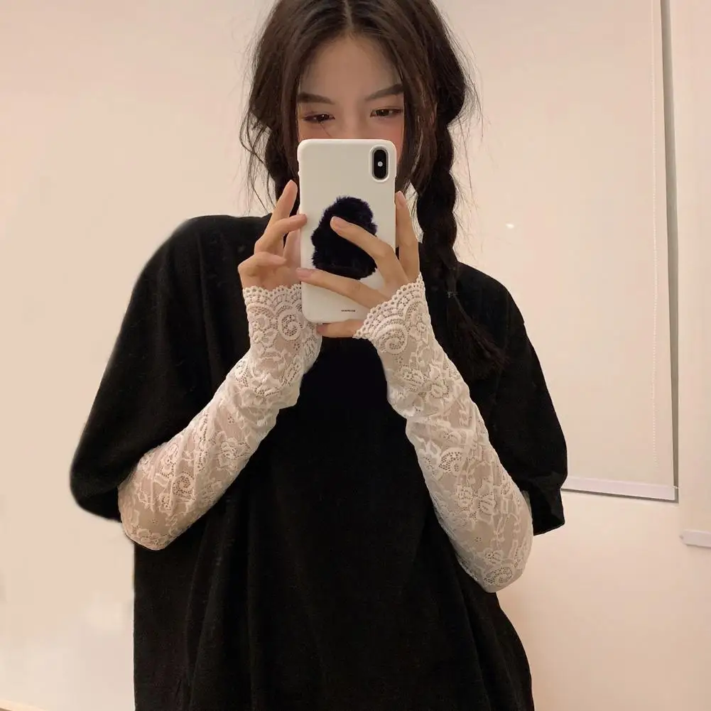 Lace Ice Sleeves Arm Sleeve Elastic Sleeve Driving Gloves Black White Long Fingerless Mittens Sunscreen Gloves Women
