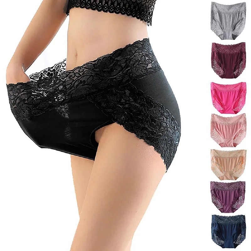 Women Large Size Panties High-Rise Sexy Lace Briefs Soft Breathable Solid Color Female Underpants Lingerie Underwear M-3XL